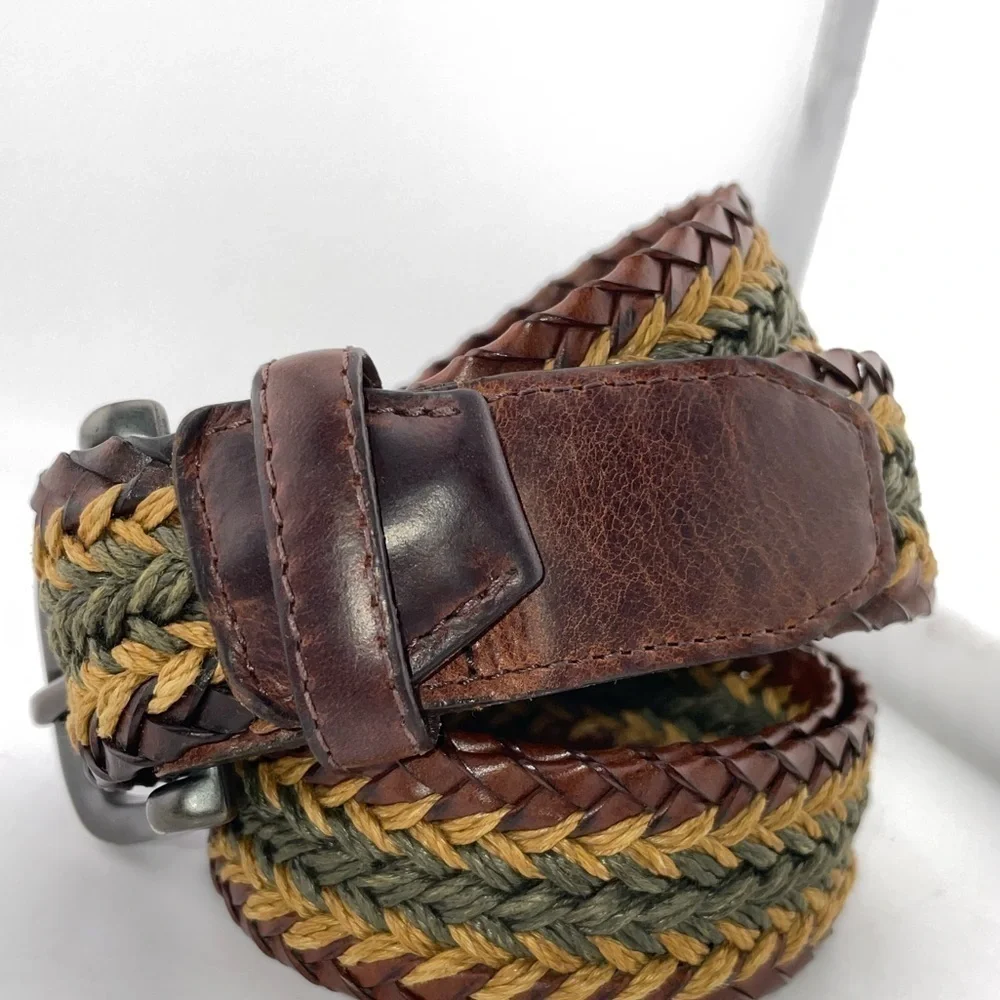 Orvis Sz 42 Woven Leather Tapered-Edge Belt Brown Antiqued Buckle 4AO4 USA‌‌‌‌‌‌